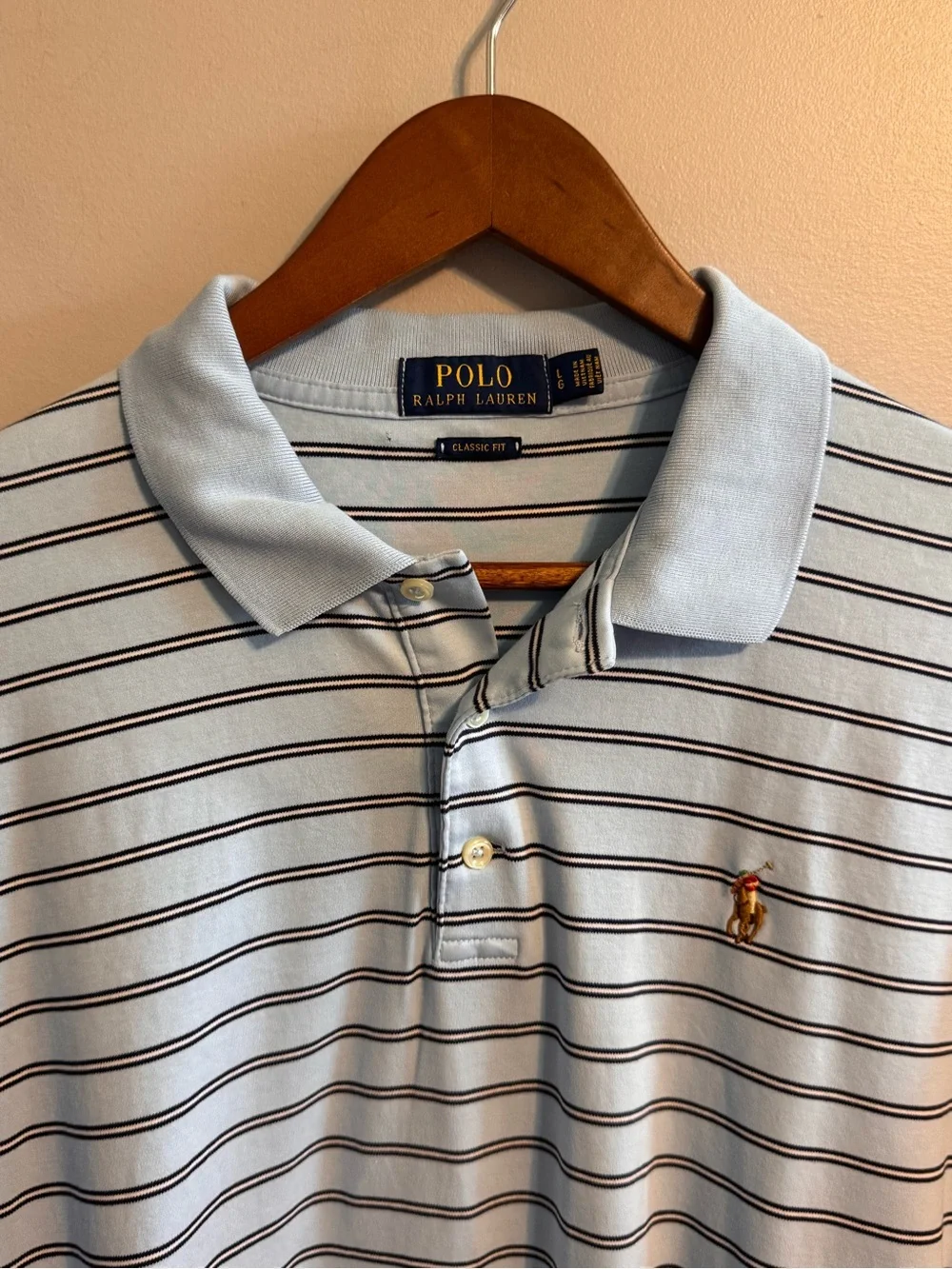 Polo Ralph Lauren Men's Large Classic Fit Blue Striped Cotton Polo Shirt